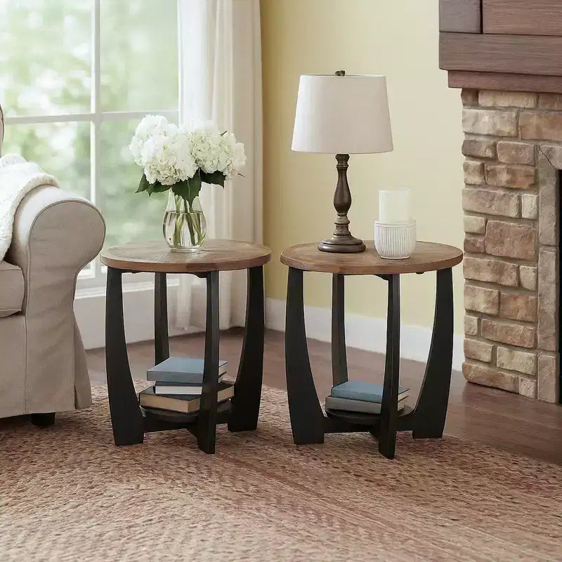 Table d'appoint ronde rustique pour salon, avec étagère de rangement, lot de 2