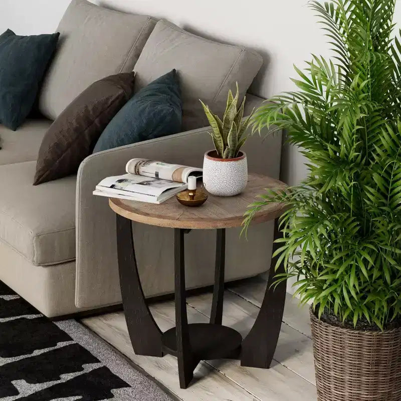 Table d'appoint ronde rustique pour salon, avec étagère de rangement, lot de 2