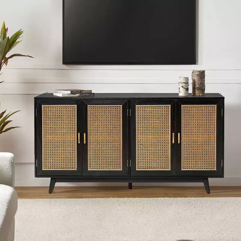 Meuble TV en bois massif pour téléviseurs jusqu'à 65 pouces avec 4 portes en rotin