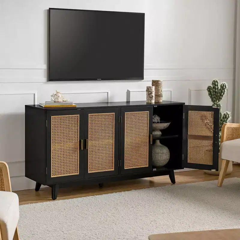 Meuble TV en bois massif pour téléviseurs jusqu'à 65 pouces avec 4 portes en rotin