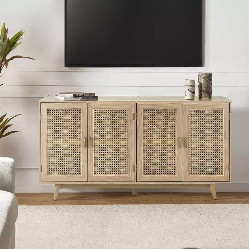 Meuble TV en bois massif pour téléviseurs jusqu'à 65 pouces avec 4 portes en rotin