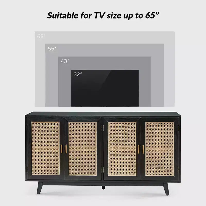 Meuble TV en bois massif pour téléviseurs jusqu'à 65 pouces avec 4 portes en rotin