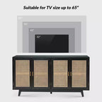 Meuble TV en bois massif pour téléviseurs jusqu'à 65 pouces avec 4 portes en rotin