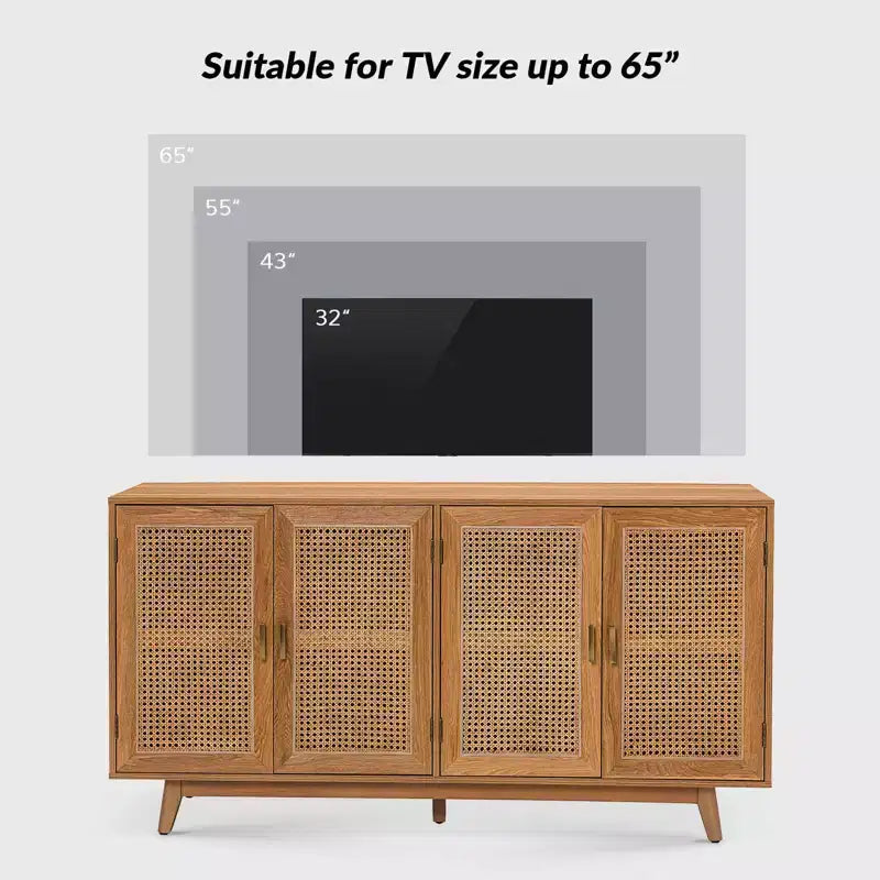 Meuble TV en bois massif pour téléviseurs jusqu'à 65 pouces avec 4 portes en rotin
