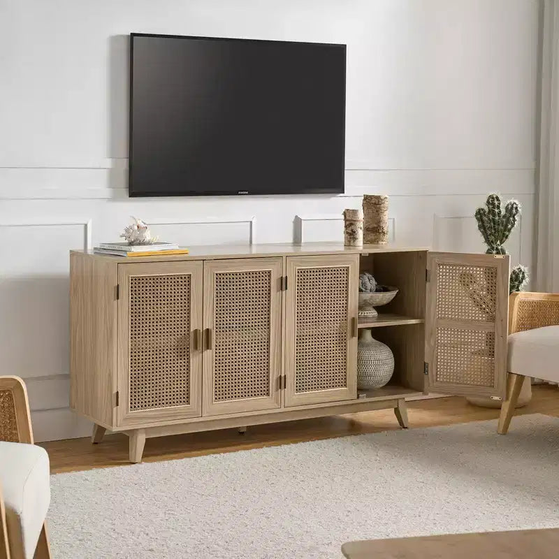 Meuble TV en bois massif pour téléviseurs jusqu'à 65 pouces avec 4 portes en rotin