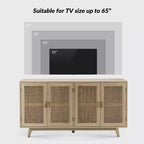 Meuble TV en bois massif pour téléviseurs jusqu'à 65 pouces avec 4 portes en rotin