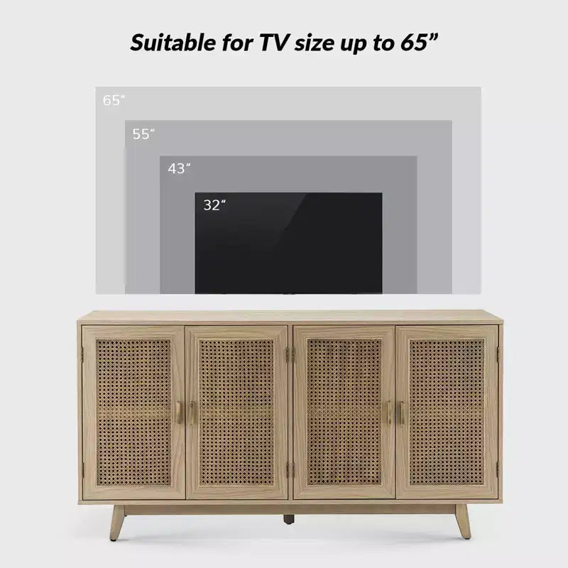 Meuble TV en bois massif pour téléviseurs jusqu'à 65 pouces avec 4 portes en rotin