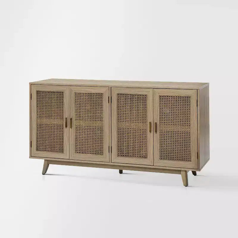 Meuble TV en bois massif pour téléviseurs jusqu'à 65 pouces avec 4 portes en rotin