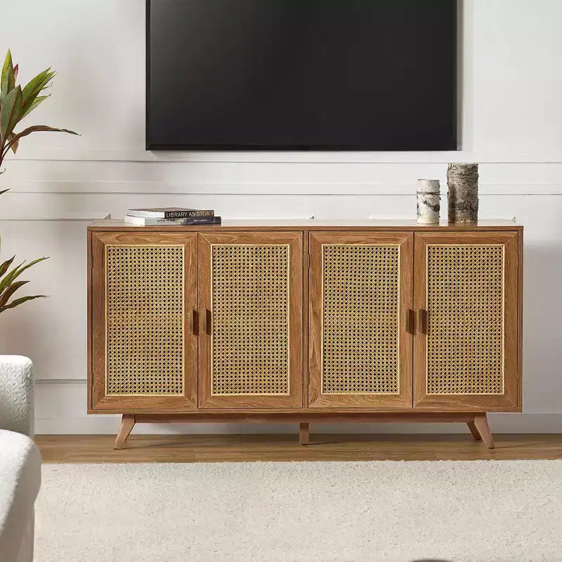Meuble TV en bois massif pour téléviseurs jusqu'à 65 pouces avec 4 portes en rotin
