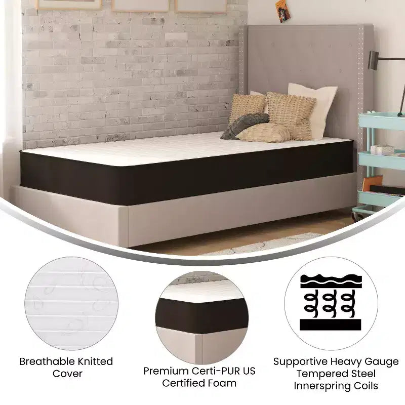 Matelas hybride à ressorts ensachés confort supérieur de fermeté moyenne en boîte avec surface en tissu tricoté et mousse certifiée CertiPUR-US