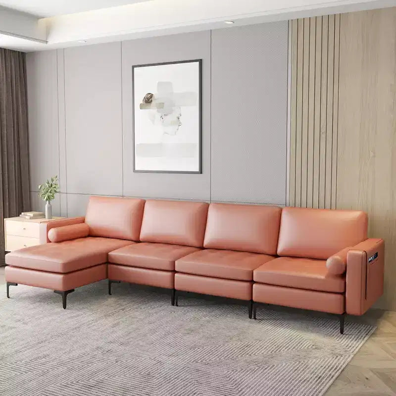Canapé d'angle modulable en L avec méridienne réversible et 2 ports USB Rose corail/Gris