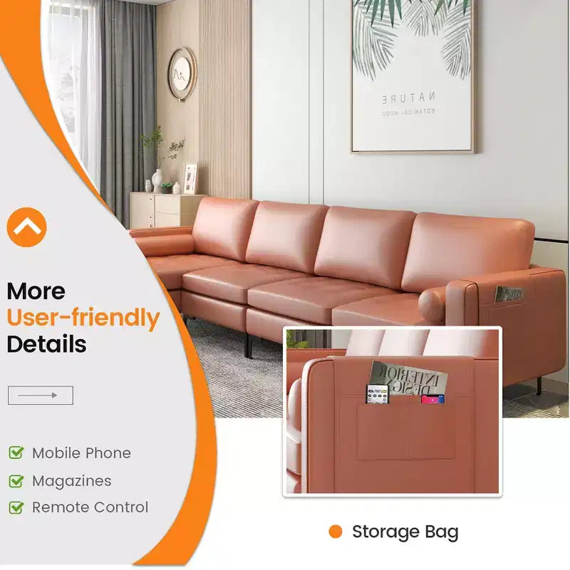 Canapé d'angle modulable en L avec méridienne réversible et 2 ports USB Rose corail/Gris